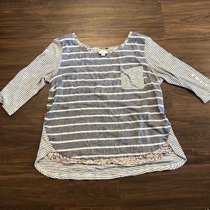 Womens striped floral pocket 3/4 sleeve top